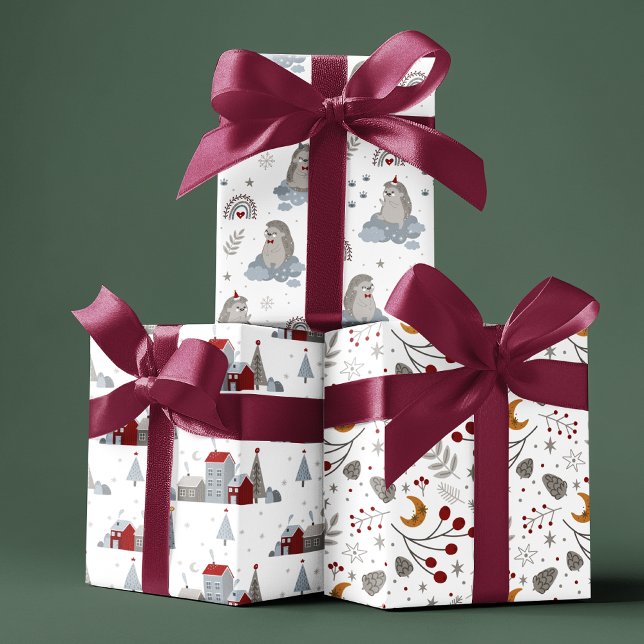 Niedlicher nordischer Weihnachtsbaum Igel Geschenkpapier Set (Von Creator hochgeladen)