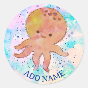 Niedlicher Octopus Cartoon Aquarell Individuelle N Runder Aufkleber