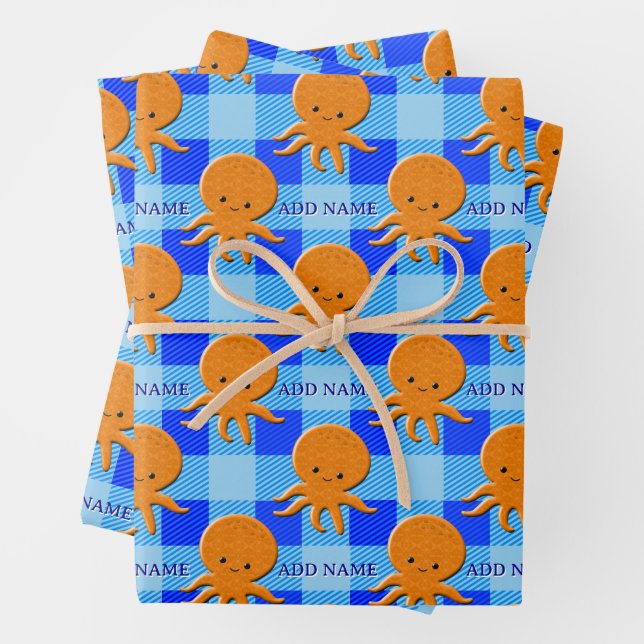 Niedlicher Octopus Cartoon Blau Karierter Individu Geschenkpapier Set (Beispiel)