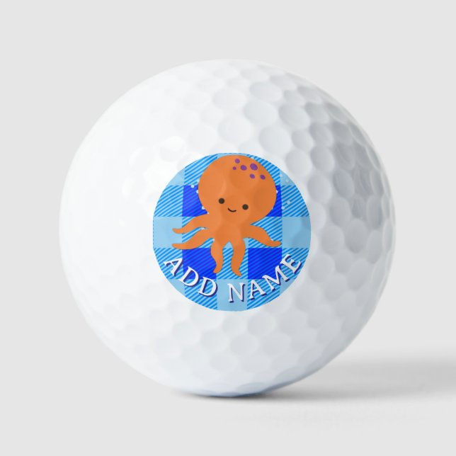 Niedlicher Octopus Cartoon Blau Karierter Individu Golfball (Vorderseite)