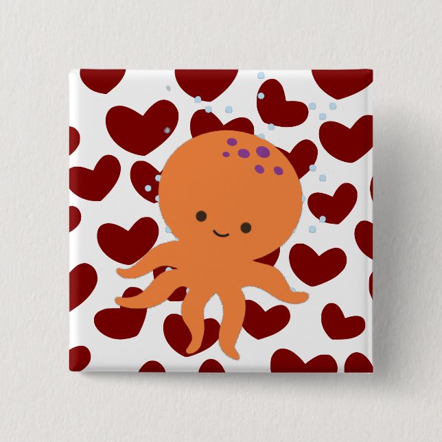 Niedlicher Octopus Cartoon Rotes Herzmuster Button (Vorderseite)