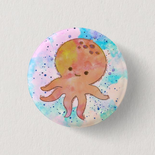 Niedlicher Octopus-Cartoon Wasserfarbe Button (Vorderseite)