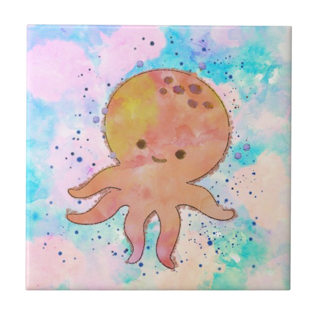 Niedlicher Octopus-Cartoon Wasserfarbe Fliese (Vorderseite)