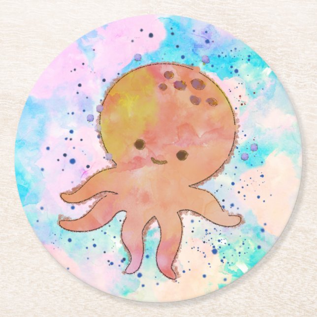Niedlicher Octopus-Cartoon Wasserfarbe Runder Pappuntersetzer (Vorderseite)