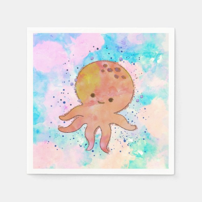 Niedlicher Octopus-Cartoon Wasserfarbe Serviette (Vorderseite)