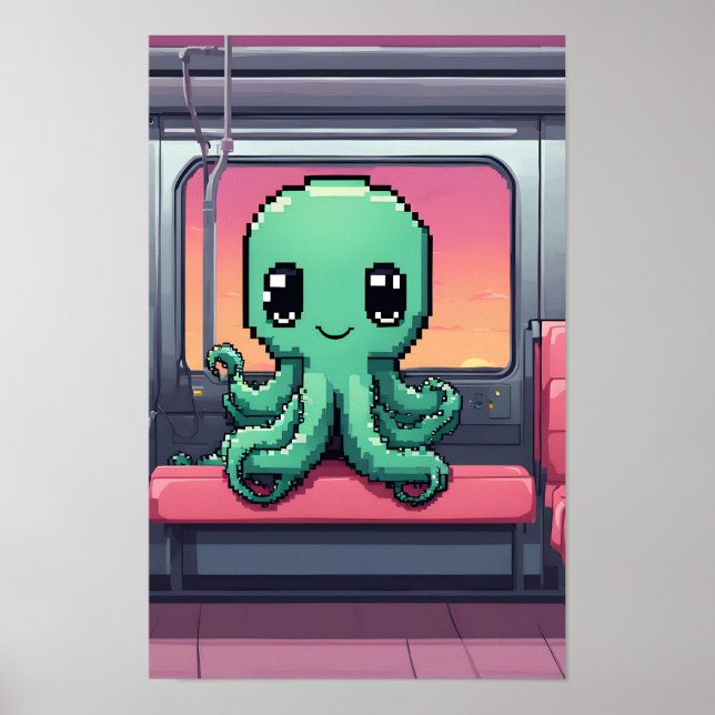 Niedlicher Oktopus auf einer Sunset-U-Bahn-Fahrt Poster (Vorne)