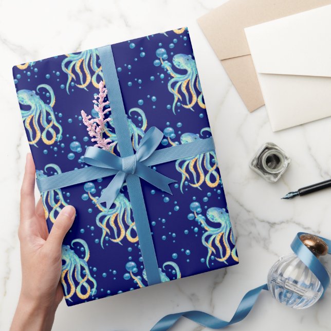 Niedlicher Oktopus Blaue Blase Navy Geschenkpapier (Schenken)