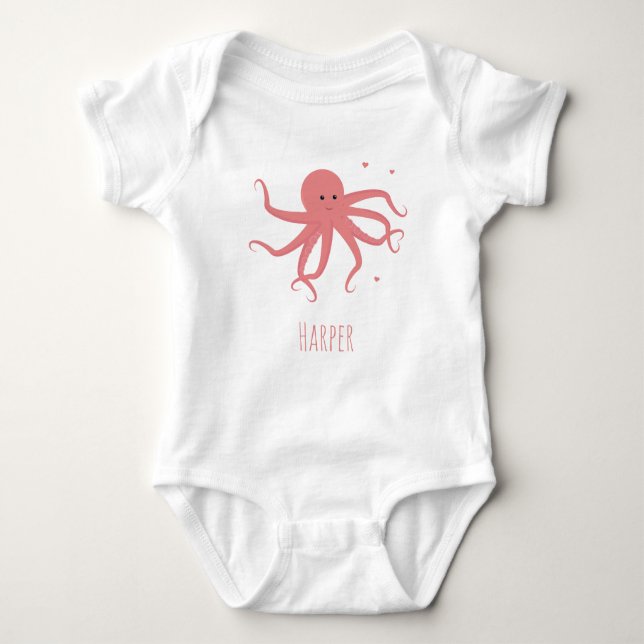 Niedlicher Oktopus Herzrosa Cartoon Name Baby Strampler (Vorderseite)