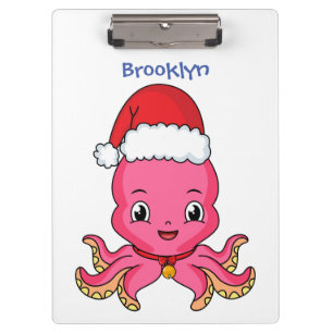 Niedlicher Oktopus mit Weihnachtshut Cartoon Klemmbrett