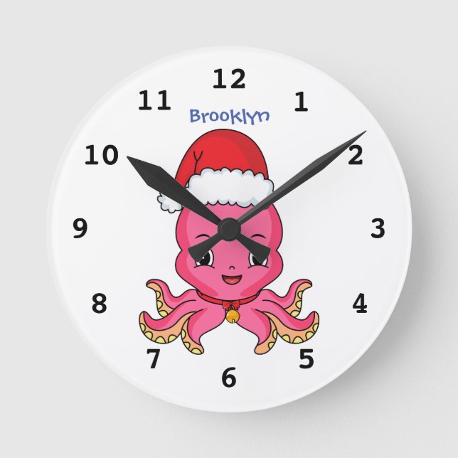 Niedlicher Oktopus mit Weihnachtshut Cartoon Runde Wanduhr (Vorderseite)