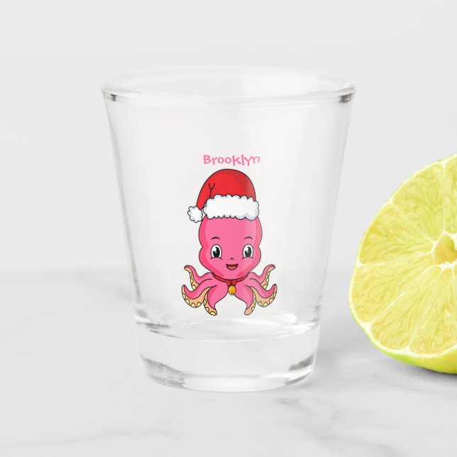 Niedlicher Oktopus mit Weihnachtshut Cartoon Schnapsglas (Vorderseite)