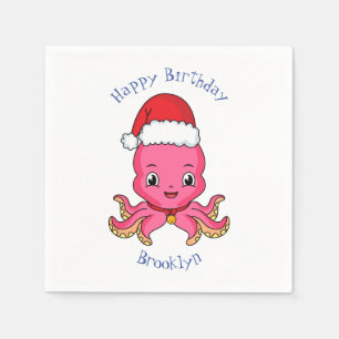 Niedlicher Oktopus mit Weihnachtshut Cartoon Serviette