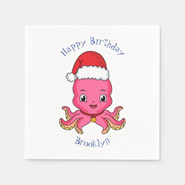 Niedlicher Oktopus mit Weihnachtshut Cartoon Serviette (Vorderseite)