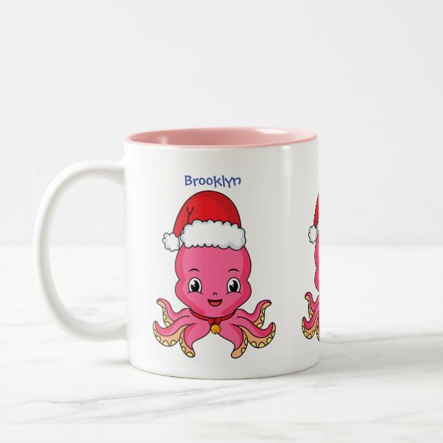 Niedlicher Oktopus mit Weihnachtshut Cartoon Zweifarbige Tasse (Links)