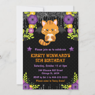 Niedlicher Orange Cat Floral Halloween Geburtstag Einladung