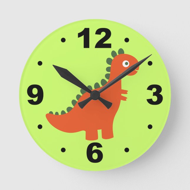 Niedlicher orange Dinosaurier scherzt Wand-Uhr Runde Wanduhr (Vorderseite)