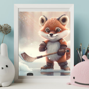 Niedlicher Orange Fox Eishockey Art Kinderzimmer Poster