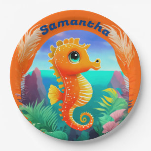 Niedlicher Orange Seepferd Cartoon Stil Pappteller
