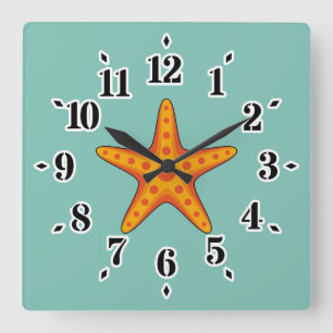 Niedlicher Orange Starfish Cartoon Quadratische Wanduhr