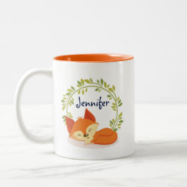 Niedlicher Orangenfox mit grünem Blätter Kranz Zweifarbige Tasse