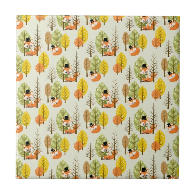 Niedlicher Orangenfuchs Herbstbäume Hipster Fliese (Vorderseite)