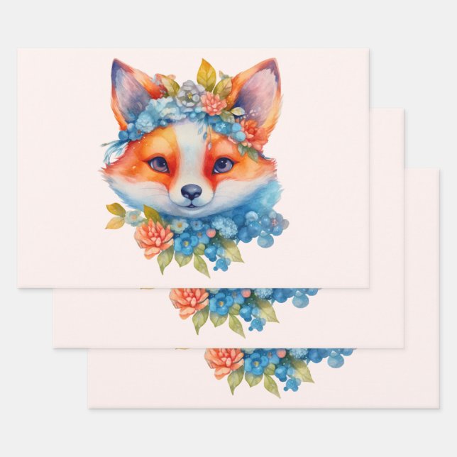 Niedlicher Orangenfuchs mit Blumenkronen Geschenkpapier Set (Set)