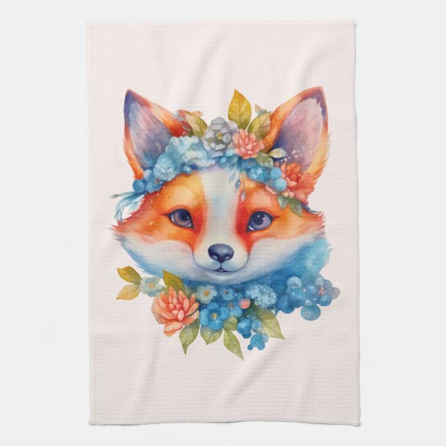 Niedlicher Orangenfuchs mit Blumenkronen Geschirrtuch (Vertikal)