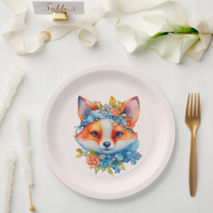 Niedlicher Orangenfuchs mit Blumenkronen Pappteller