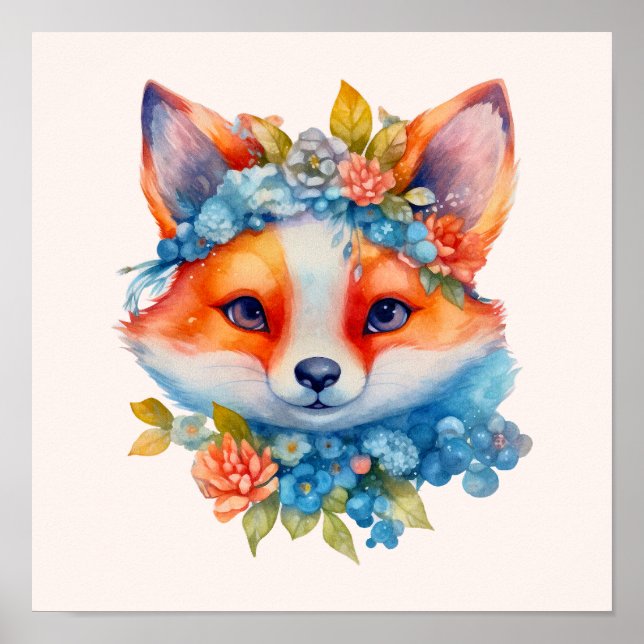 Niedlicher Orangenfuchs mit Blumenkronen Poster (Vorne)