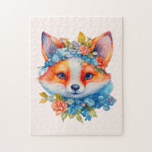 Niedlicher Orangenfuchs mit Blumenkronen Puzzle