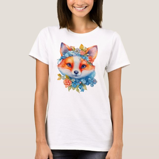 Niedlicher Orangenfuchs mit Blumenkronen T-Shirt (Vorderseite)