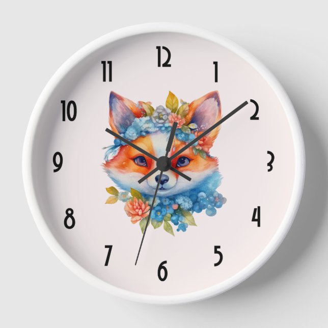 Niedlicher Orangenfuchs mit Blumenkronen Uhr (Vorderseite)