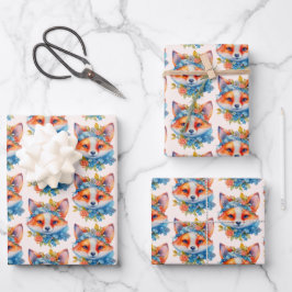 Niedlicher Orangenfuchs mit Blumenmuster Geschenkpapier Set