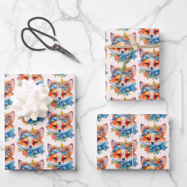 Niedlicher Orangenfuchs mit Blumenmuster Geschenkpapier Set (Vorderseite)