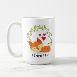 Niedlicher Orangenfuchs, rote Herzen und ein grüne Kaffeetasse