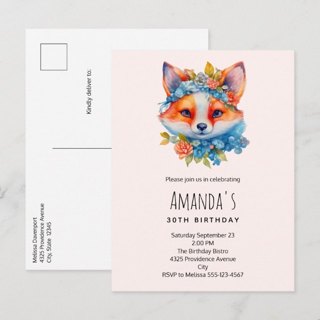 Niedlicher Orangenfuchs zum Geburtstag mit Blumenk Einladungspostkarte (Vorne/Hinten)