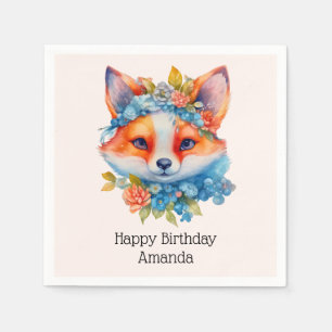 Niedlicher Orangenfuchs zum Geburtstag mit Blumenk Serviette