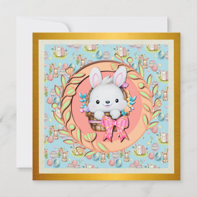Niedlicher Osterhase im Korb Einladung (Vorderseite)