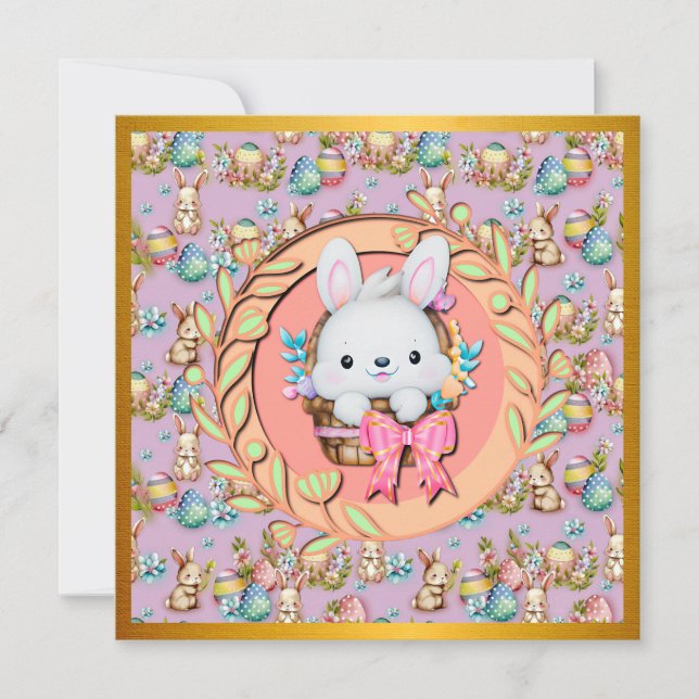 Niedlicher Osterhase im Korb Einladung (Vorderseite)