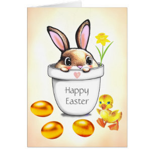 Niedlicher Osterhase in einem Blumentopf & gold