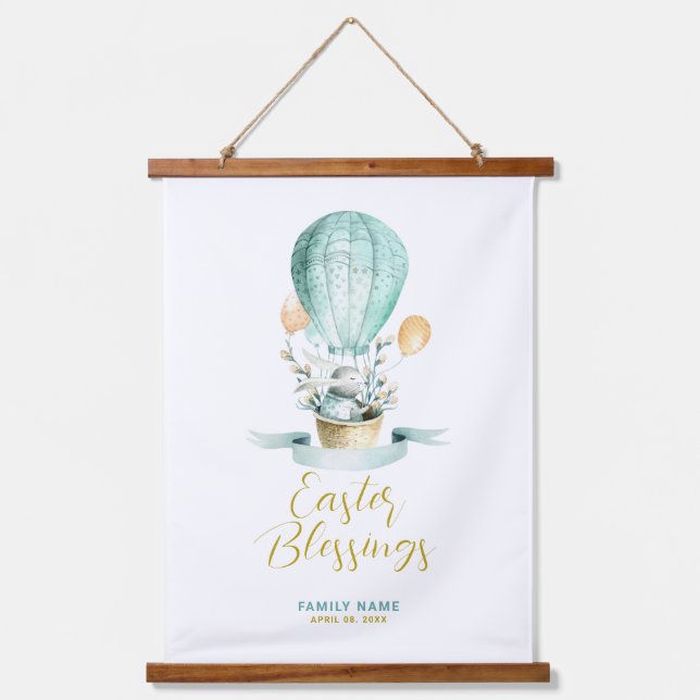 Niedlicher Osterhase in einem Heißluftballon, benu Wandteppich Mit Holzrahmen (Vorderseite)