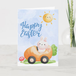 Niedlicher Osterhase in Karottenwagen Feiertagskarte