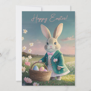 Niedlicher Osterhase mit blauer Jacke Feiertagskarte