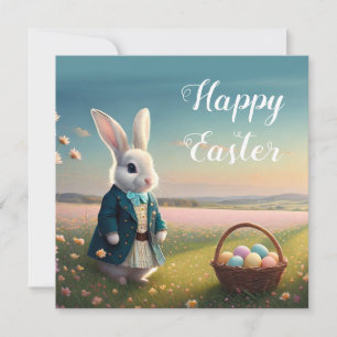 Niedlicher Osterhase mit blauer Jacke Karte