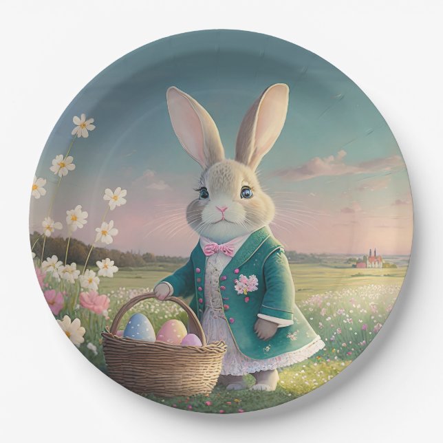 Niedlicher Osterhase mit blauer Jacke Pappteller (Vorderseite)