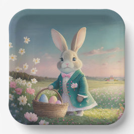 Niedlicher Osterhase mit blauer Jacke Pappteller