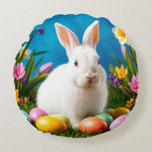 Niedlicher Osterhase mit bunten Eiern Rundes Kissen