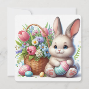 Niedlicher Osterhase mit Eiern, Blume und Korb Feiertagskarte