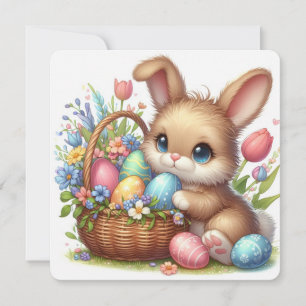 Niedlicher Osterhase mit Eiern, Blume und Korb Feiertagskarte