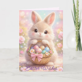 Niedlicher Osterhase mit farbenfrohem Korb voller Feiertagskarte